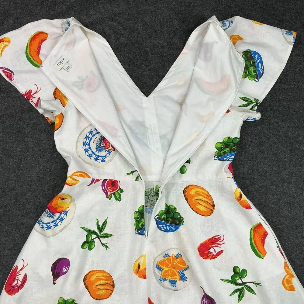 J.Crew Fruit Print Dress Size 6 Linen Blend Quirky Fit Flare Resort Teacher Twee